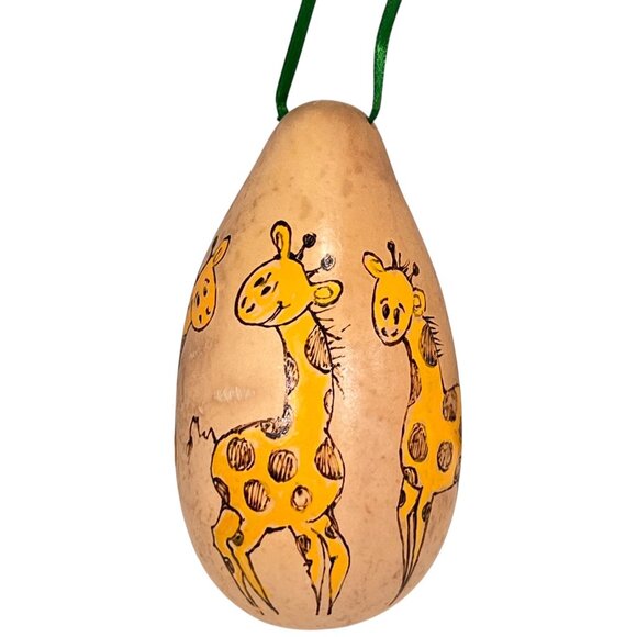 Gourd Art Giraffe Hand Painted Ornament Green Ribbon 5 images signed 4.5 inches - Picture 3 of 7